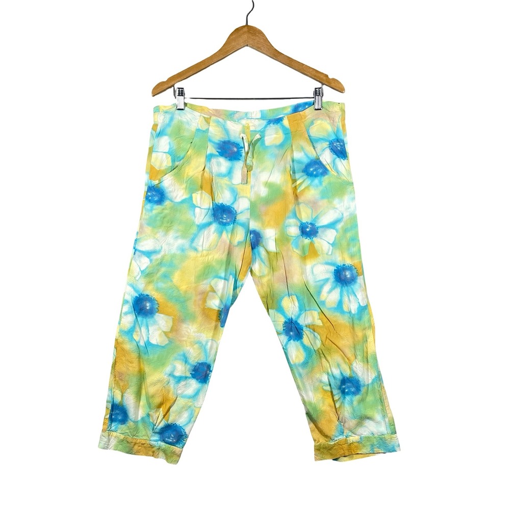 Jams World Crop Pants Womens XS Ivory Flower Blue Yellow Floral Coastal Art Wear